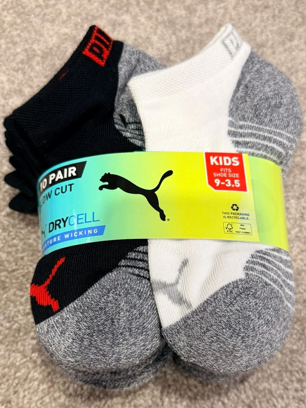 NWT Puma kids 10 pair low cut Dry Cell Moisture Wicking socks